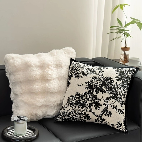 Chenille Plüsch Luxus Kissenbezug Jacquard Baum Muster Kunstkaninchenfell Quadratischer Kissenbezug Für Sofa Wohnzimmer Dekor