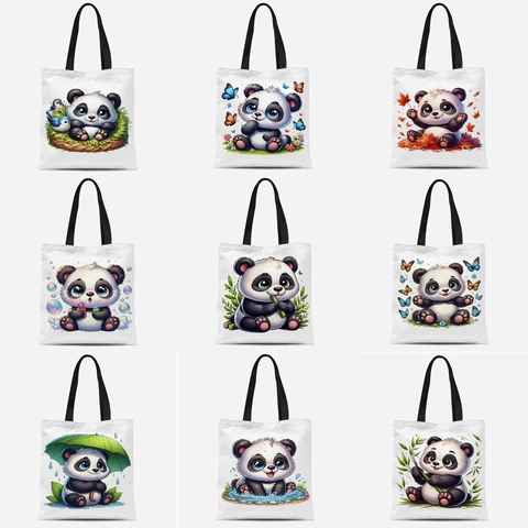 Borsa Tote in Tela con Stampa Panda Cartoon Carino Borsa per la Spesa Riutilizzabile Ecologica per Donne Studenti Quotidiano Scuola