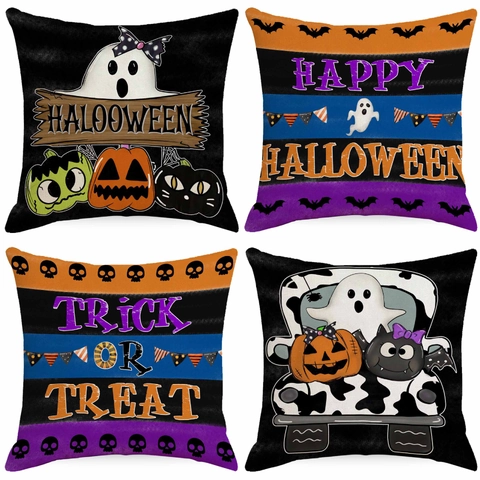 Halloween Decorative Linen Throw Pillowcase Pumpkin Ghost Skull Bat Cushion Cover For Sofa Living Room Home Festive Decor