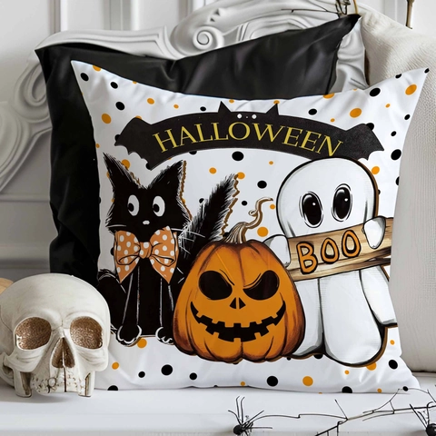 Federa per Cuscino in Lino per Halloween Con Stampa di Fantasmi Zucche Pipistrelli Copricuscino Decorativo per Casa Festa Soggiorno