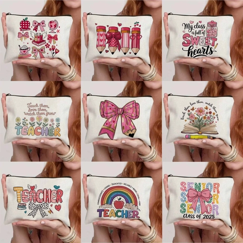 Borsa da Trucco in Lino Fine Stampata per Festa Insegnante Fantasia Floreale Lettere Pochette da Viaggio per Donna Regali