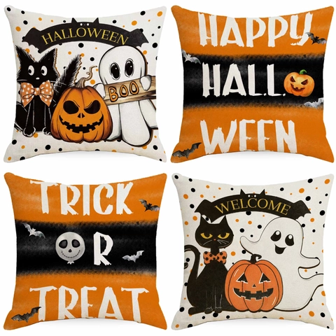 Federa per Cuscino in Lino per Halloween Con Stampa di Fantasmi Zucche Pipistrelli Copricuscino Decorativo per Casa Festa Soggiorno