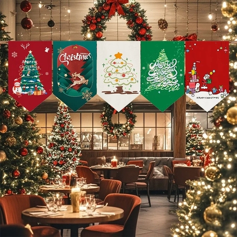 Striscione a Gagliardetto in Lino Natalizio Merry Christmas Albero Pupazzo di Neve Renna Stampata Bandiera Sospesa per Decorazioni Casa