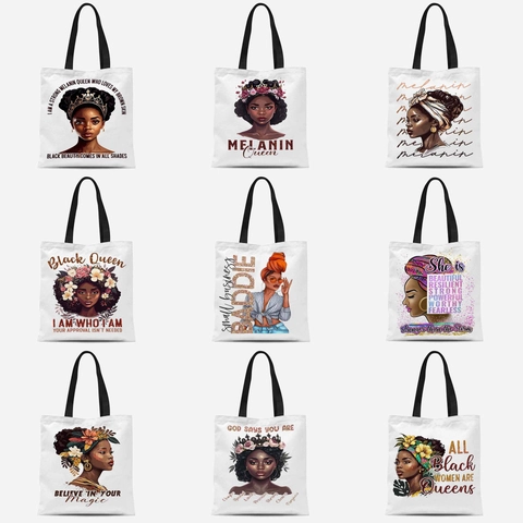 Sac Fourre-Tout en Toile pour Femmes Impression Fille Noire Melanin Queen Graphique Motivationnel Sac de Shopping Écologique