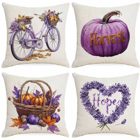 Purple Pumpkin Lavender Linen Decorative Pillowcase For Thanksgiving Harvest Autumn Home Sofa Living Room Square Cushion Cover
