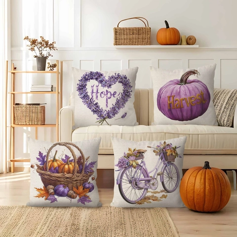 Purple Pumpkin Lavender Linen Decorative Pillowcase For Thanksgiving Harvest Autumn Home Sofa Living Room Square Cushion Cover
