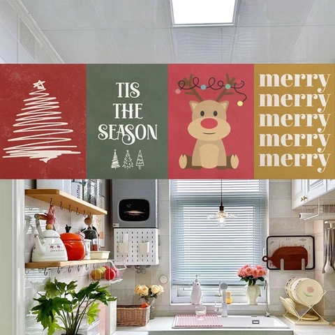 Merry Christmas Linen Hanging Banner Wall Decor Retro Festive Reindeer Santa Claus Printed Tapestry Party Background Cloth