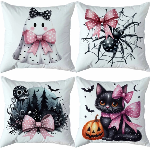 Juego de Fundas de Almohada de Halloween de Poliéster con Estampado de Fantasmas y Calabazas Funda de Cojín Cuadrada para Sofá