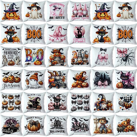 Juego de Fundas de Almohada de Halloween de Poliéster con Estampado de Fantasmas y Calabazas Funda de Cojín Cuadrada para Sofá