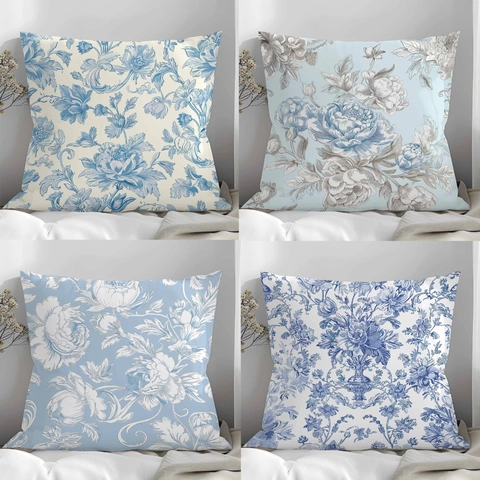 Fodera per Cuscino Vintage con Motivo Floreale Blu e Bianco Federa Decorativa Quadrata in Peluche Corto per Divano Soggiorno Decorazione Casa