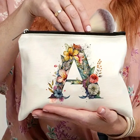 Women Floral Alphabet Cosmetic Bag Linen Toiletry Makeup Bag Portable Zipper Pouch Travel Desktop Storage Organizer Bag