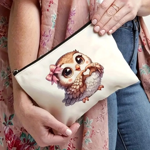 Neceser con Estampado de Búho de Dibujos Animados Bolsa de Lino de Alta Densidad con Cremallera Bolsa de Almacenamiento Estuche para Estudiantes