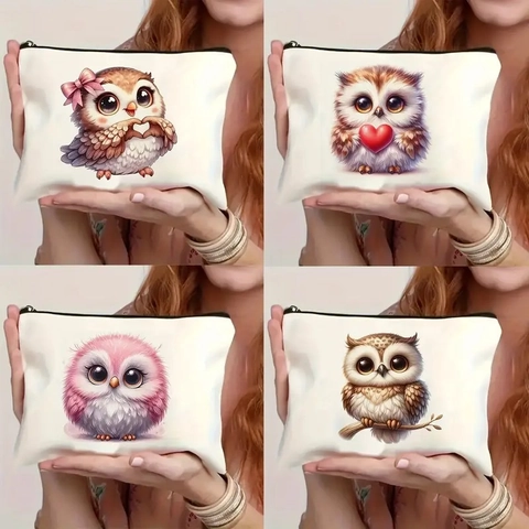 Neceser con Estampado de Búho de Dibujos Animados Bolsa de Lino de Alta Densidad con Cremallera Bolsa de Almacenamiento Estuche para Estudiantes