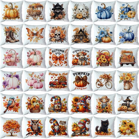 Funda de Almohada Cosecha Otoño Acción de Gracias Halloween Poliéster Calabaza Gnomo Hoja de Arce Estampada Decorativa para Sofá Hogar