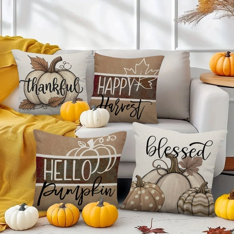 Thanksgiving Herfst Decoratieve Linnen Kussenslopen Pompoen Esdoornblad Blessed Thankful Print Kussenhoes Voor Huis Decoratie