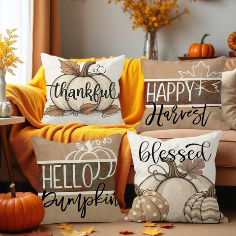 Thanksgiving Herfst Decoratieve Linnen Kussenslopen Pompoen Esdoornblad Blessed Thankful Print Kussenhoes Voor Huis Decoratie
