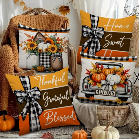 Herbst Erntedankfest Leinen Kissenbezug Kürbis LKW Sonnenblume Büffel-Karo Deko Kissenhülle Für Sofa Haus Dekoration