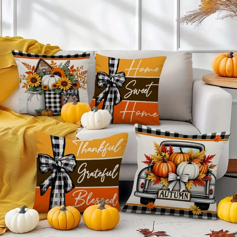 Herbst Erntedankfest Leinen Kissenbezug Kürbis LKW Sonnenblume Büffel-Karo Deko Kissenhülle Für Sofa Haus Dekoration