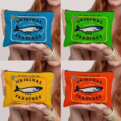 Bolsa De Maquillaje Vintage Estilo Lata De Sardinas Lino Fino Estuche De Dibujos Animados Patrón De Pez Neceser De Viaje Para Mujer