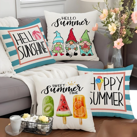 Summer Gnome Pattern Linen Throw Pillow Cover Decorative Cushion Case For Sofa Couch Living Room Home Decor