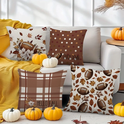 Vintage Autumn Football Maple Leaf Linen Throw Pillow Cover Thanksgiving Decorative Fall Sports Cushion Case For Sofa Home