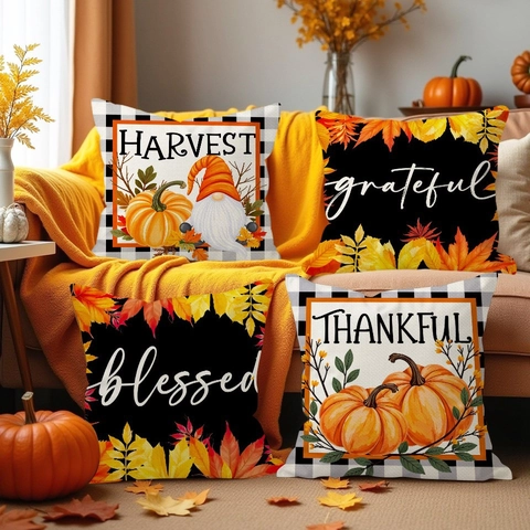 Funda de Almohada de Lino Día de Acción de Gracias Calabaza Hoja de Arce Gnomo Funda de Almohada Decorativa Sofá Hogar Sala Decoración