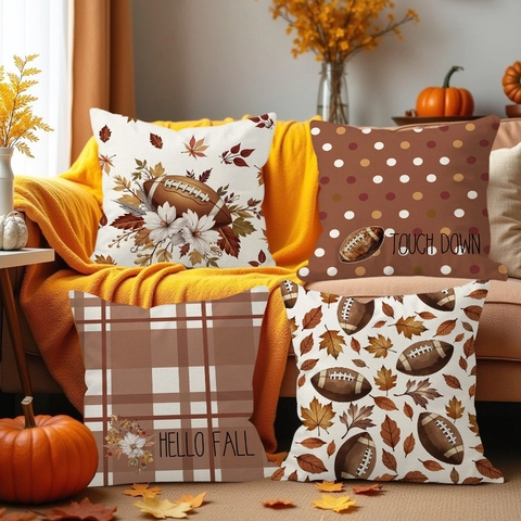 Vintage Autumn Football Maple Leaf Linen Throw Pillow Cover Thanksgiving Decorative Fall Sports Cushion Case For Sofa Home