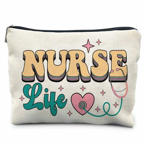 Trousse à Maquillage Infirmière Mignonne Pochette de Rangement en Canevas Thème Médical Étui de Voyage à Fermeture Éclair Cadeau