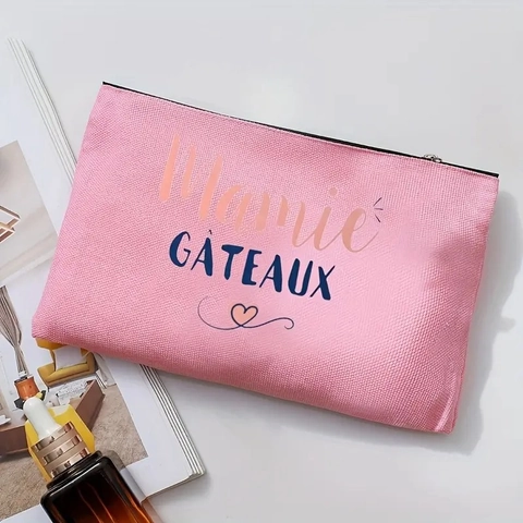 Trousse à Maquillage avec Inscription Française Portable en Lin Fin Pochette Cosmétique Voyage avec Fermeture Éclair Femme