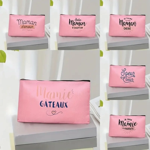 Trousse à Maquillage avec Inscription Française Portable en Lin Fin Pochette Cosmétique Voyage avec Fermeture Éclair Femme