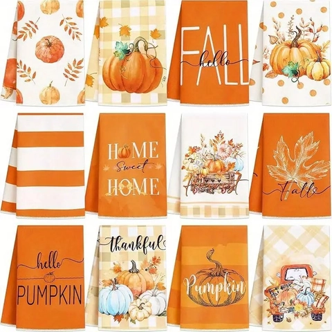 Autumn Thanksgiving Microfiber Kitchen Towels Set Pumpkin Maple Leaf Printed Decorative Dishcloths For Home Decor