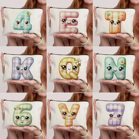 Niedliche Cartoon Alphabet Nummer Druck Leinwand Make-up Tasche Damen Reise Kosmetiktasche Reißverschluss Schreibwaren Lagerung Tasche