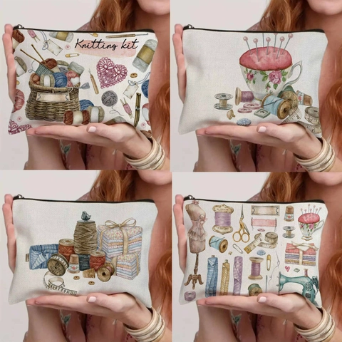 Vintage Linen Sewing Kit Storage Bag Creative Printed Cosmetic Bag Nordic Style Zipper Travel Makeup Organizer Stationery Pencil Case For Women