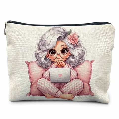 Trousse à Maquillage en Toile avec Imprimé Vieille Dame à la Mode Pochette à Cosmétiques Polyvalente avec Fermeture Éclair