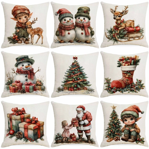 Vintage Weihnachten Leinen Kissenbezug Weihnachtsmann Schneemann Elch Muster Feiertag Dekoration Kissenhülle Ohne Inlay