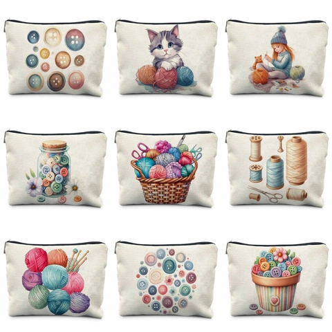 Borsa per Trucco in Lino Fine ad Alta Densità Nordica Cucito Gomitolo di Lana Stampato Borsa per Viaggio Cosmetici Donna Regalo