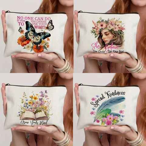 Vintage Bloemen Canvas Makeup Tas Fine Linen Organizer Met Inspirerende Citaten Reisetui Voor Dames