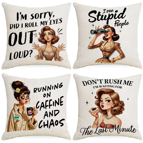 Vintage Pop Art Woman Sarcastic Quote Printed Linen Pillowcase Retro American Comic Style Sofa Cushion Cover Decorative Pillow Cover Home Decor