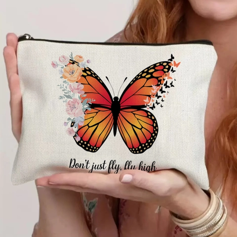 Butterfly Canvas Makeup Bag Inspirational Quote Stationery Storage Pouch Linen Toiletry Bag For Women Travel Accessories