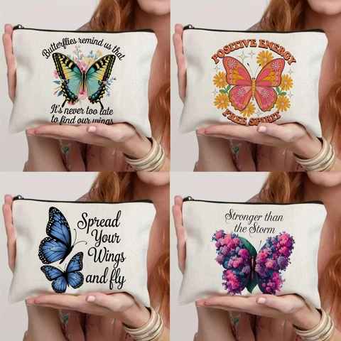 Butterfly Canvas Makeup Bag Inspirational Quote Stationery Storage Pouch Linen Toiletry Bag For Women Travel Accessories