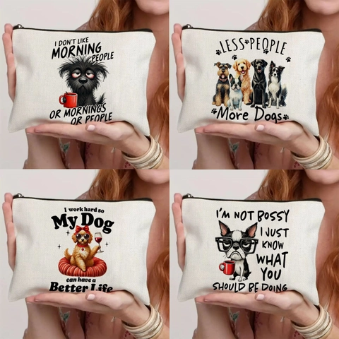 Borsa per Trucco in Tela con Citazioni di Cani Divertenti Pochette Cosmetica con Stampa di Animali Domestici Organizzatore da Viaggio Astuccio in Lino
