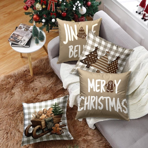 Fodere per Cuscini Natalizi Vintage in Peluche Corto Merry Christmas Omino Pan di Zenzero Albero Plaid Copricuscini Decorativi