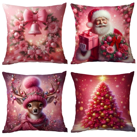Rosa Weihnachten Weihnachtsmann Rentier Baum Kissenbezug Weich Kurzplüsch Digitaldruck Quadratischer Kissenbezug Für Haus Deko
