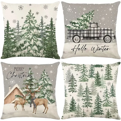 Linnen Kerst Kussensloop Vintage Boerderij Rendier Kerstboom Vrachtwagen Patroon Sierkussenhoes Voor Bank Slaapkamer Decoratie
