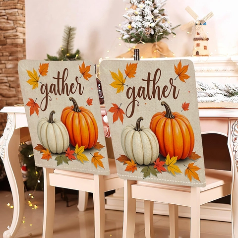 Coprisedia in Lino per il Ringraziamento Autunno Zucca Foglia d'Acero Stampa Sala da Pranzo Coperture Protettive per Festival del Raccolto