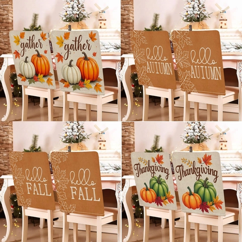 Coprisedia in Lino per il Ringraziamento Autunno Zucca Foglia d'Acero Stampa Sala da Pranzo Coperture Protettive per Festival del Raccolto