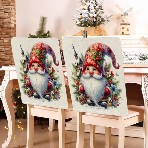 Nordic Vintage Weihnachten Stuhlhussen Leinen Stoff Digitaldruck Gnom Weihnachtsmann Esszimmer Party Festliche Dekorative Stuhlbezug