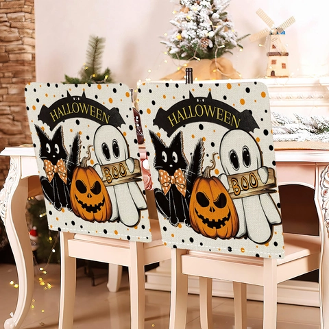 Funda de Silla de Lino para Halloween Estampado Digital Lindo Patrón de Calabaza Fantasma Gato Negro Cubierta Protectora para Decoración