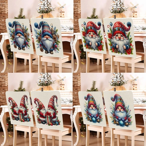 Nordic Vintage Weihnachten Stuhlhussen Leinen Stoff Digitaldruck Gnom Weihnachtsmann Esszimmer Party Festliche Dekorative Stuhlbezug