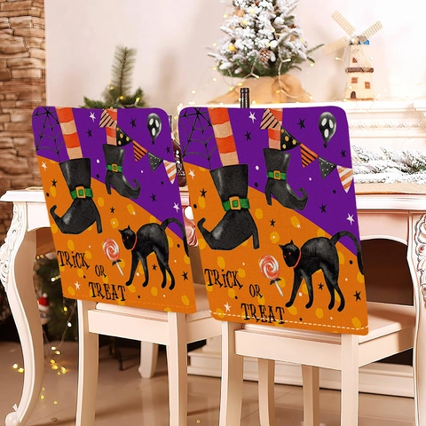 Halloween Stuhlbezüge Leinen Hexe Schwarze Katze Druck Esszimmer Stuhlhussen Lila Orange Feiertag Party Dekoration Zuhause